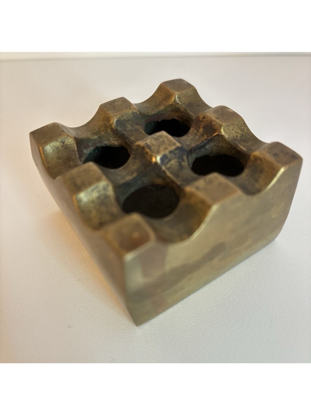 Vtg Brutalist Brass Ashtray Sculptural Geometric Cube MCM